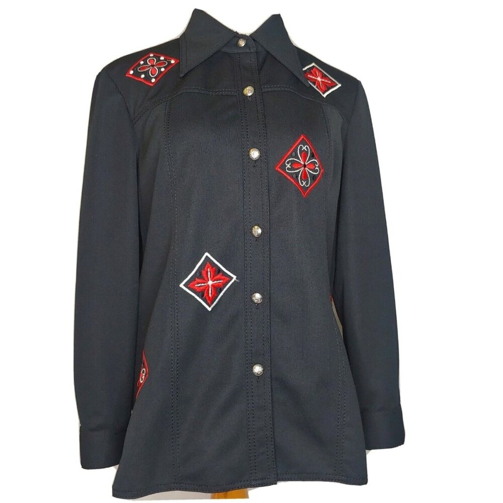 Vintage Womens Large Western Style Shirt Embroidered Black Red Retro Polyester
